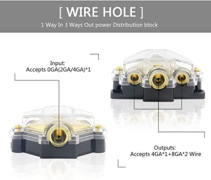 3 Way Power Distribution Block, 0/2/4 AWG Gauge in, 4/8/10 Gauge Out, Car Audio Stereo Amp Distribution Connecting Block for Audio Splitter (1x0GA+3x4GA) 2 Pack