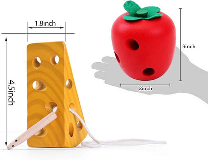Sealive Early Development Wooden Lacing Toys, Montessori Activity Caterpillars Eat Apple and Kids Cheese Toys, Children Learning Educational Wood Block Puzzles for Toddlers Boys Girls