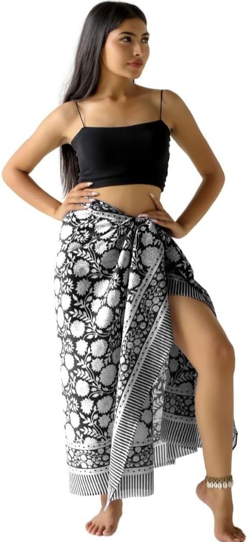 100% Cotton Sarong Cover Up for Women Indian Block Print Beach Wrap Skirt Long Boho Swimsuit Bikini Pareo (73” x 43”)