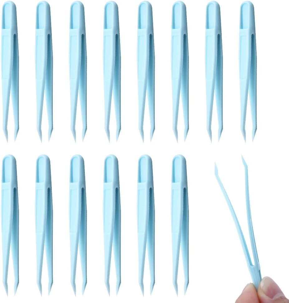15 Pieces Blue Plastic Tweezers 3.14 Inch Craft Tweezers Forceps Thickened Plastic Sturdy Fine Motor Skill Learning for Perler Beads Jewelry Making Family Classroom School Ckyleole