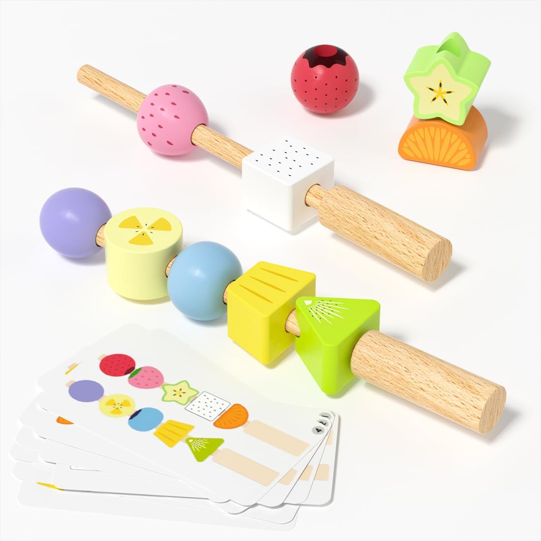Montessori Lacing Beads Toy for Toddlers 2 3 4, Wooden Fruit Lacing Beads with 20 Double-Sided Pattern Cards, Stacking & Lacing Fine Motor Skills, Sensory Educational Birthday Gift for Boys & Girls