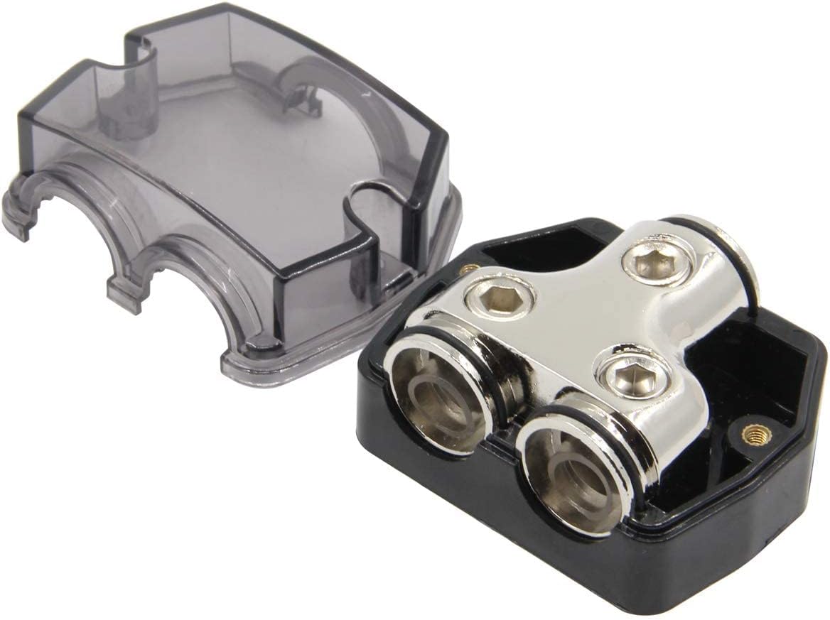 3 Way Power Distribution Block, 0/2/4 AWG Gauge in, 4/8/10 Gauge Out, Car Audio Stereo Amp Distribution Connecting Block for Audio Splitter (1x0GA+3x4GA) 2 Pack