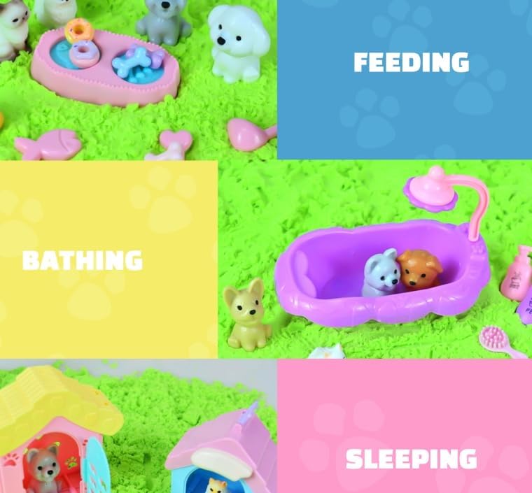 SMILESSKIDDO Sensory Bin - Cat and Dog Play Sand Kit with Green and Red Magic Sand, Pet Sensory Box, Role Pretend Play Beach Toy Birthday Present for Toddler Ages 3 4 5 6 7 8