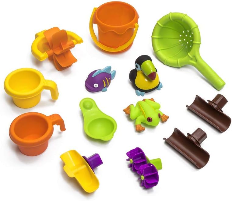 Step2 Rain Showers Splash Pond Water Table with Cover, Kids Water and Sand Activity Sensory Playset, Summer Outdoor Toys, 13-Piece Water Toy Accessories, For Toddlers 1.5+ Years Old, Blue & Green