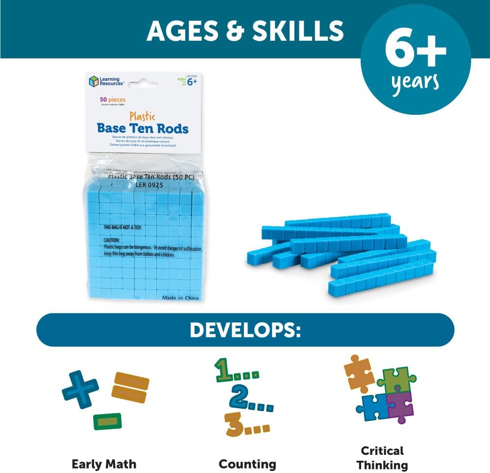 Learning Resources Base Ten Blocks Smart Pack - 121 Pieces, Ages 6+, Grades 1+, Math First Grade Games, School Supplies