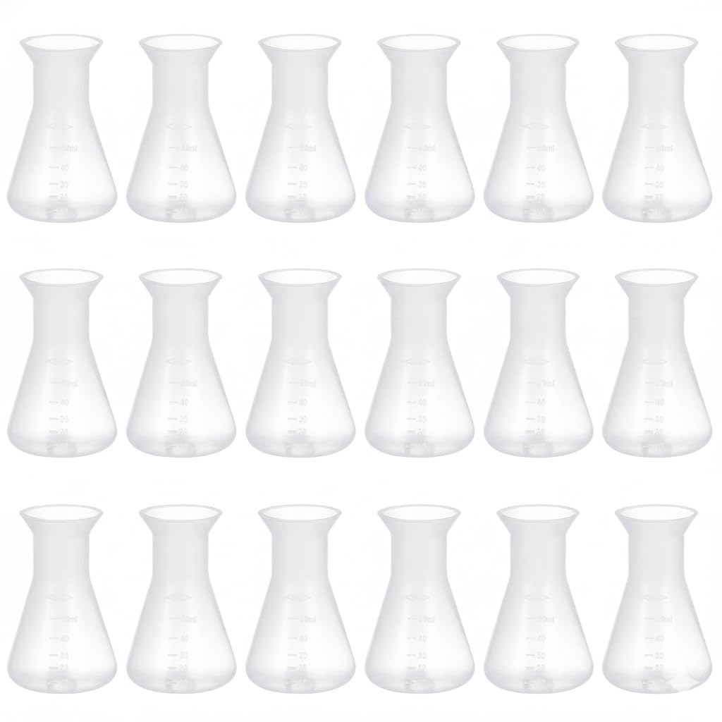 ULTECHNOVO 18 Pcs 50Ml Plastic Conical Flasks Set Graduated Transparent Polypropylene Erlenmeyer Flasks with Cover for School Science Experiments and Laboratory Use Stable Base Design