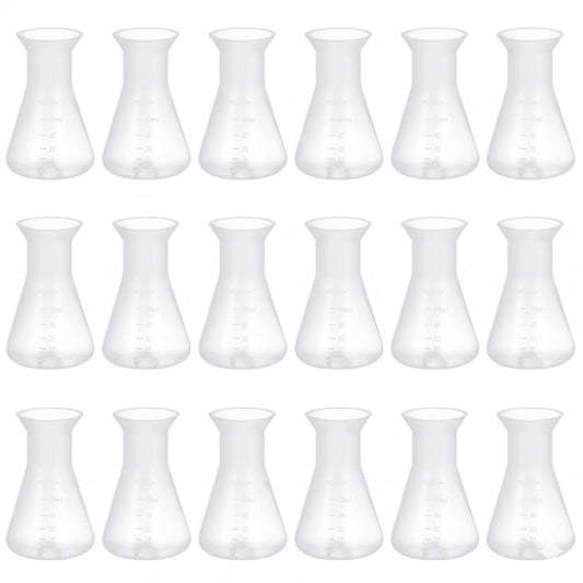 ULTECHNOVO 18 Pcs 50Ml Plastic Conical Flasks Set Graduated Transparent Polypropylene Erlenmeyer Flasks with Cover for School Science Experiments and Laboratory Use Stable Base Design