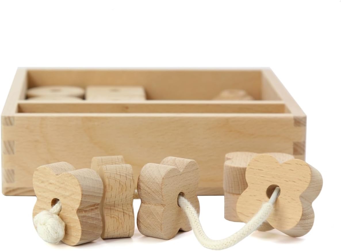 Kiddison Lacing Bead 27 Large Wooden Beads 1 Lace for Toddlers 2-4 – Large Wooden Threading & Stringing Toy with Tray – Fine Motor Skills Activity for Preschool & Occupational Therapy