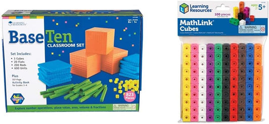 Learning Resources Brights Base Ten Classroom Set, 20-25 Students, 823 Piece Set, Ages 6+ & MathLink Cubes - Set of 100 Cubes, Ages 5+, Kindergarten STEM Activities, Math Manipulatives and Counters