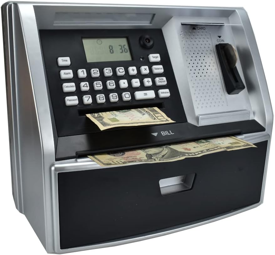 ATM Savings Bank with Debit Card, Electronic Piggy Bank for Real Money, Coin Recognition, Targets Setting, Password Login, Voice Prompt, Great Gift for Boys Girls (Golden/Black)