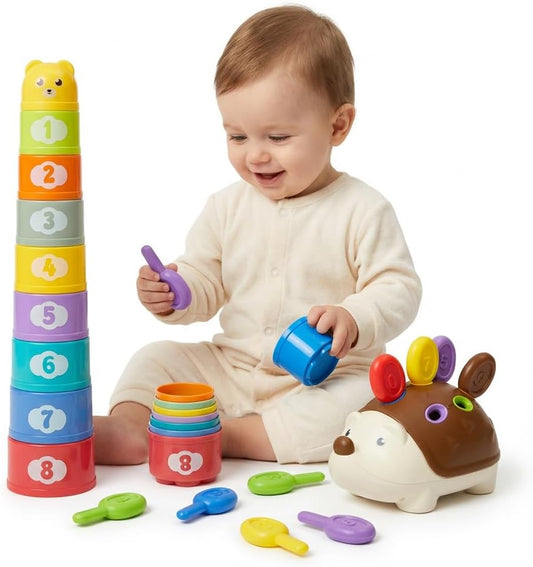 2 in 1 Baby Toys(Hedgehog Toy & Stacking Cups), Montessori Toys for 1 Year Old, Sensory Toys for Toddlers 1-3,Fine Motor Skills Toys for Boys and Girls