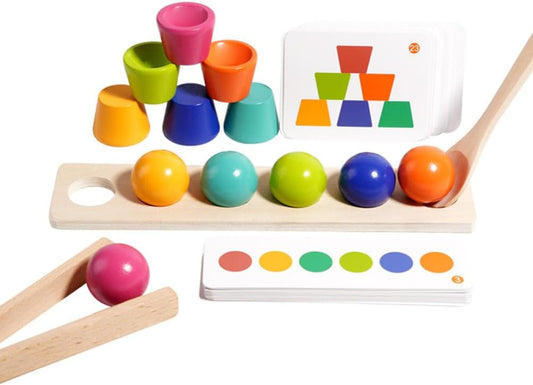 Wooden Balls and Cups Montessori Toy, Color Sorting & Matching Set with Tongs & Spoon