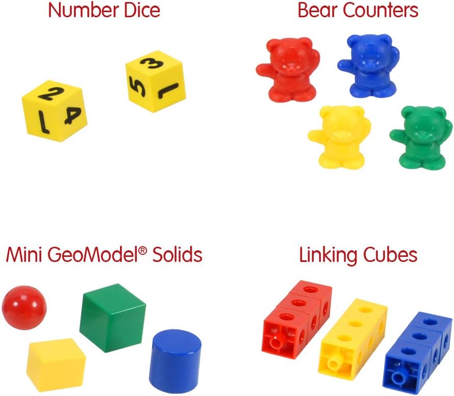 EAI Education School to Home Deluxe Manipulative Kit with Dice, Counters, Geometric Solids, Pattern Blocks, Color Tiles and Linking Cubes - Grade K (184 Pieces)