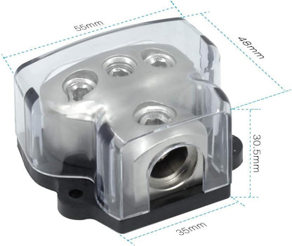 3 Way Power Distribution Block, 0/2/4 AWG Gauge in, 4/8/10 Gauge Out, Car Audio Stereo Amp Distribution Connecting Block for Audio Splitter (1x0GA+3x4GA) 2 Pack