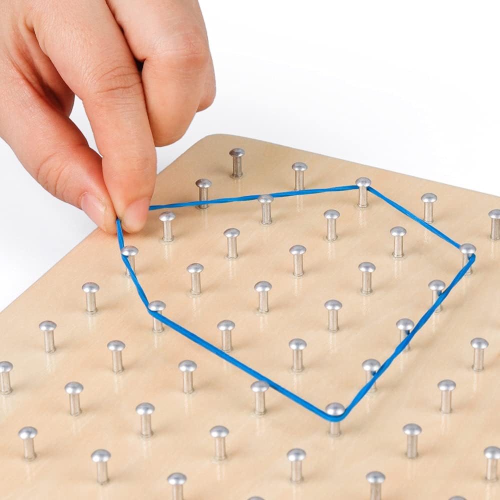 Coogam Wooden Geoboard Mathematical Manipulative Material Array Block Geo Board – Graphical Educational Toys with 30Pcs Pattern Cards and Latex Bands Shape STEM Puzzle Matrix 8x8 Brain Teaser for Kid