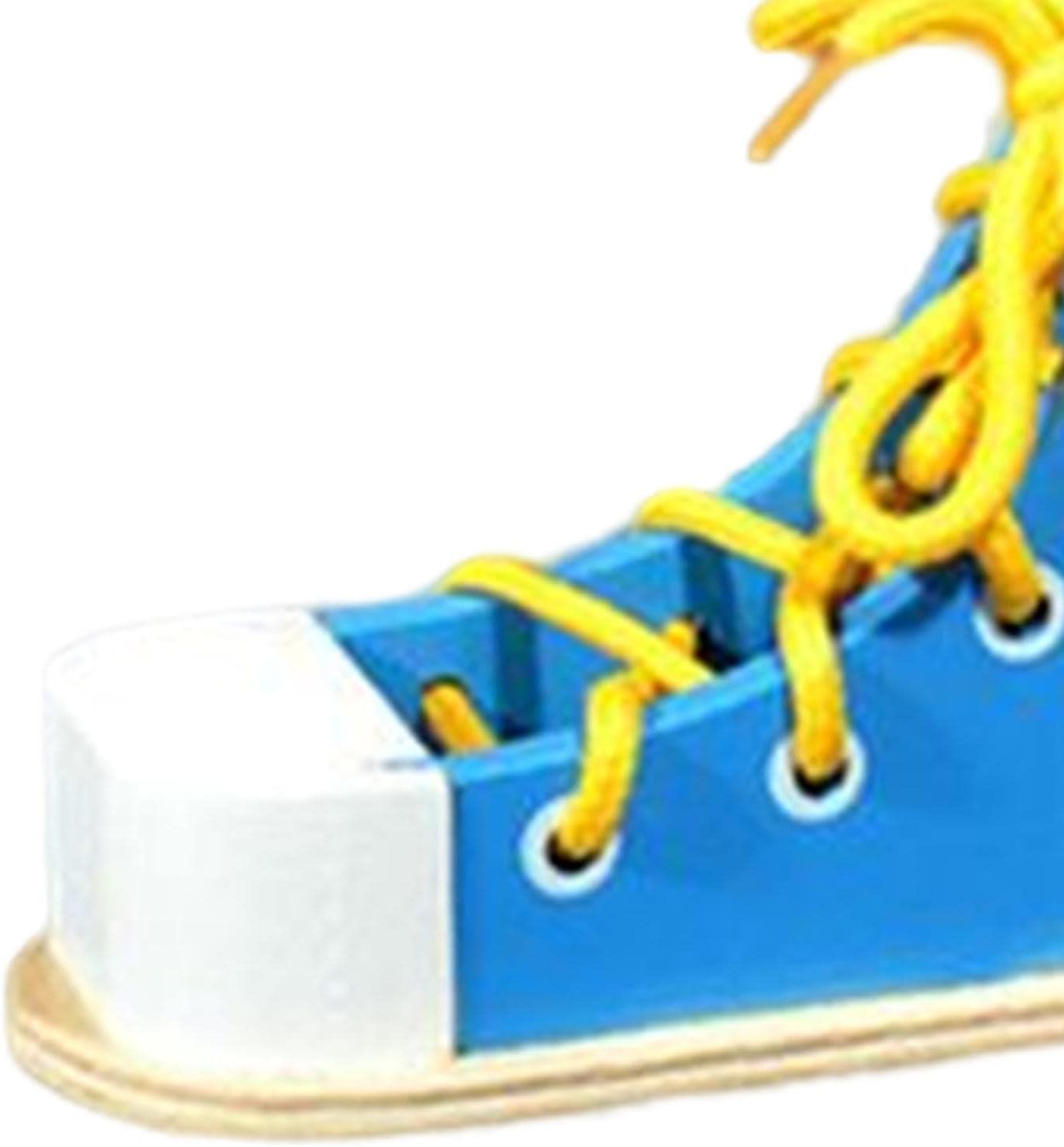 Almencla Wooden Lacing Shoe Toy,Shoe Tying Aid Fine Motor Skills Toy Learn to Tie Shoes for Kids, Blue