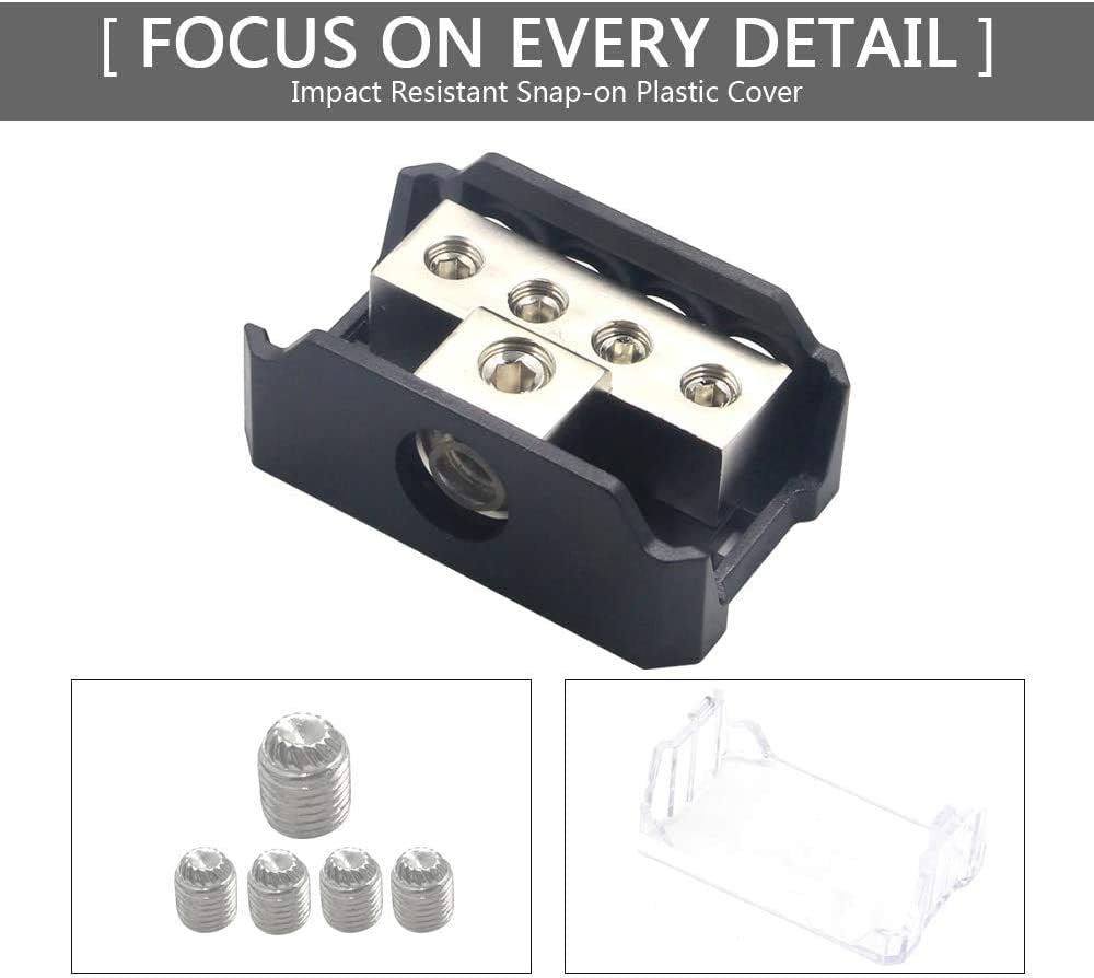 3 Way Power Distribution Block, 0/2/4 AWG Gauge in, 4/8/10 Gauge Out, Car Audio Stereo Amp Distribution Connecting Block for Audio Splitter (1x0GA+3x4GA) 2 Pack