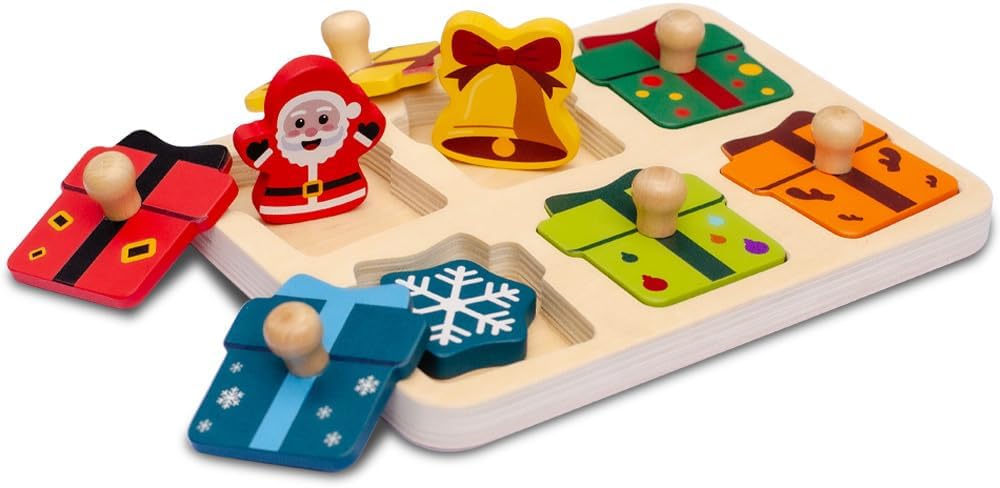 Waybla Stocking Stuffer for Kids - Christmas-Themed Wooden Peg Puzzle for Toddlers 1-3 Years, Montessori Educational Toy and Learning Activity