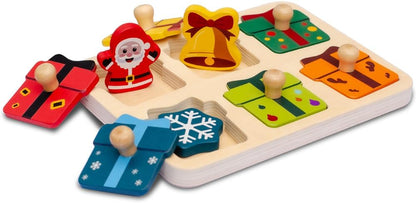 Waybla Stocking Stuffer for Kids - Christmas-Themed Wooden Peg Puzzle for Toddlers 1-3 Years, Montessori Educational Toy and Learning Activity