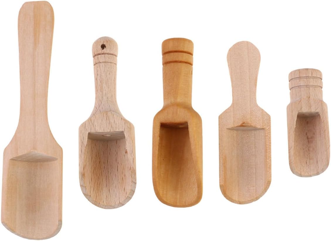 Bath Salt Scoop: 5PCS Mini Wooden Spoon Mini Bath Salt Spoon Tea Scoop Wooden Candy Small Spice s for Flour, Sugar, Cereal, (5 Sizes)