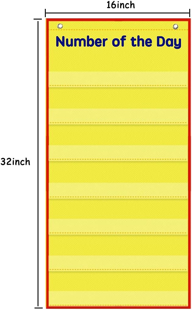 Auchq Math Number of The Day Pocket Chart， Small Math Classroom Pocket Chart with 33 Dry Erase Cards for Home School -Perfect for Compact Spaces (Yellow)…