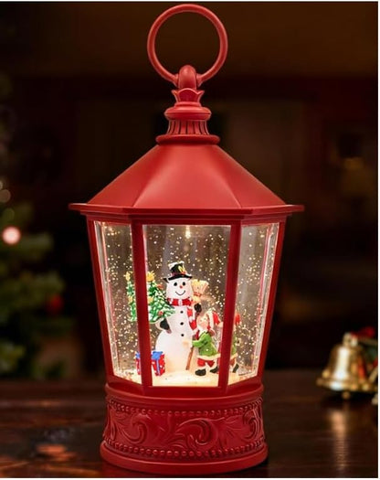Christmas Lantern Snow Globe, Lighted Musical Snowman Lantern with Swirling Glitter, 10.5'' Christmas Snowing Lantern, USB & Battery Operated with Timer, Vintage Holiday Tabletop Decor