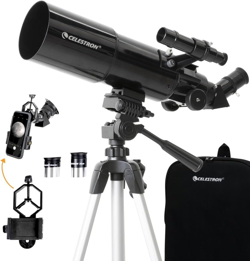 Celestron Travel Scope 80 Portable Refractor Telescope – 80mm Aperture, Fully-Coated Glass Optics – Includes Tripod, Smartphone Adapter, Backpack & Software – Ideal for Beginners & Travel