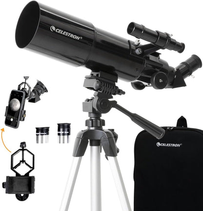 Celestron Travel Scope 80 Portable Refractor Telescope – 80mm Aperture, Fully-Coated Glass Optics – Includes Tripod, Smartphone Adapter, Backpack & Software – Ideal for Beginners & Travel