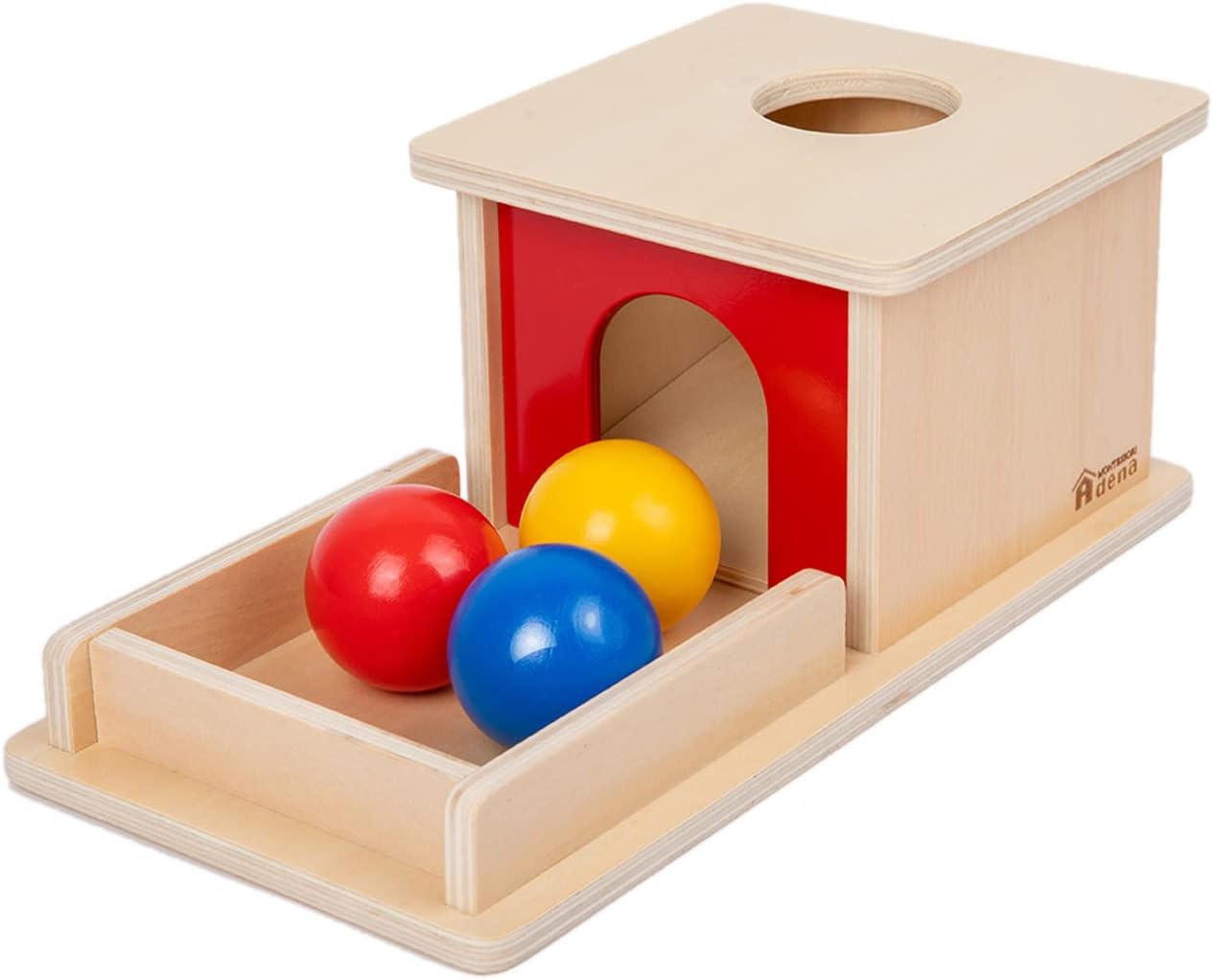 Adena Montessori Wooden Toy for 6-12 Month Baby 3 Balls with Tray, Object Permanence Box Colorful Learning Education Toy for Toddler Kid 1-2 Year Old, Preschool Developmental Girl and Boy Gift