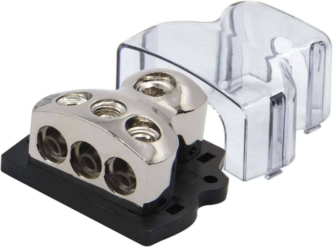 3 Way Power Distribution Block, 0/2/4 AWG Gauge in, 4/8/10 Gauge Out, Car Audio Stereo Amp Distribution Connecting Block for Audio Splitter (1x0GA+3x4GA) 2 Pack