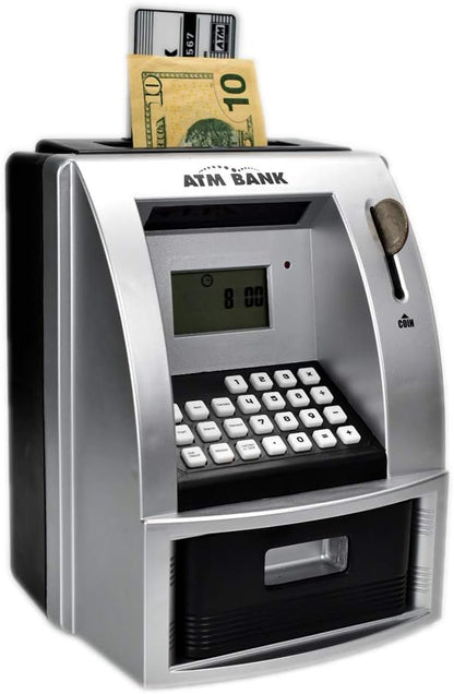 Electronic Piggy Bank with Password for Kids for 6-12 Year Old Boys and Girls - Toy Counting Money Bank - Fun Birthday Present - ATM Piggy Bank for Real Money (Black/Silver)