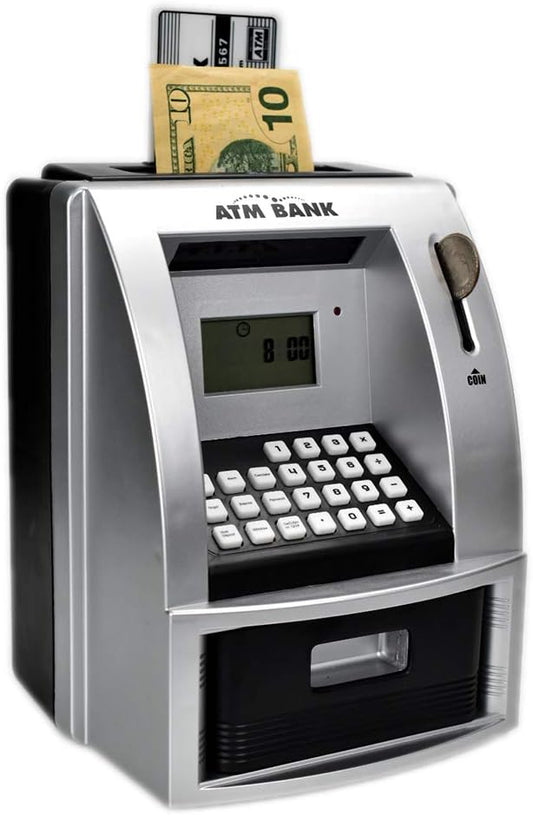 Electronic Piggy Bank with Password for Kids for 6-12 Year Old Boys and Girls - Toy Counting Money Bank - Fun Birthday Present - ATM Piggy Bank for Real Money (Black/Silver)