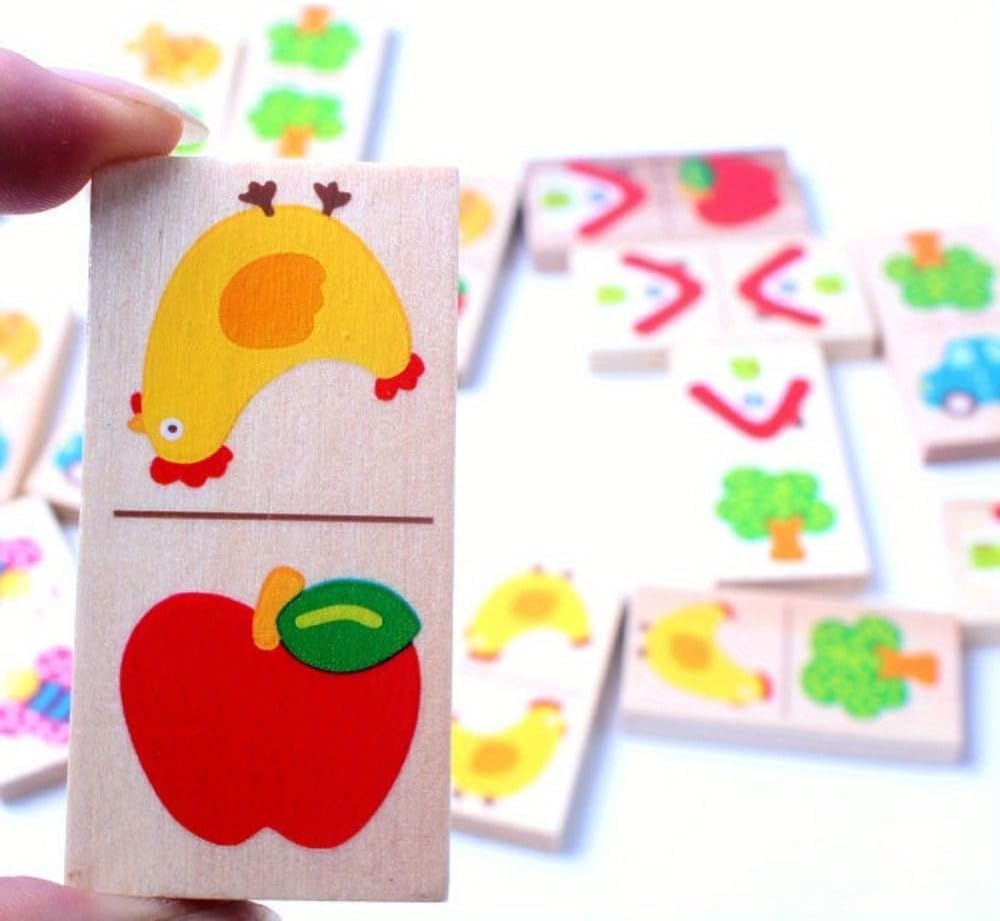 28 Pcs Wooden Domino Puzzle Game - Multicolor Fruit & Animal Design, Educational Family Logic and Thinking Skill Development Toy, Children's Dominoes with Pictures, Gifts for Preschool and Age 3+