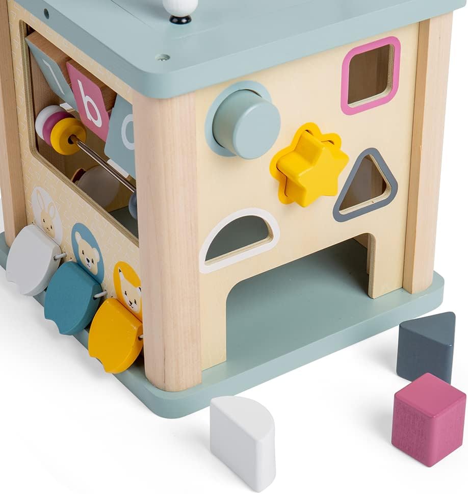 Bigjigs Toys Wooden Activity Cube - 100% FSC® Certified Busy Centre with Shape Sorter & Bead Maze, Sustainable Sensory Toys for 1 Year Old, 22cm W x 23cm H