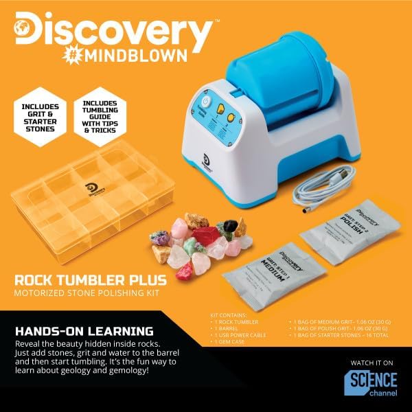 Discovery™ Rock Tumbler Starter Kit – Stone Polishing Set with Rocks, Grit, Gem Case| STEM Science Project Kit for Kids & Beginners| Cool Toy for Boys & Girls Ages 8+