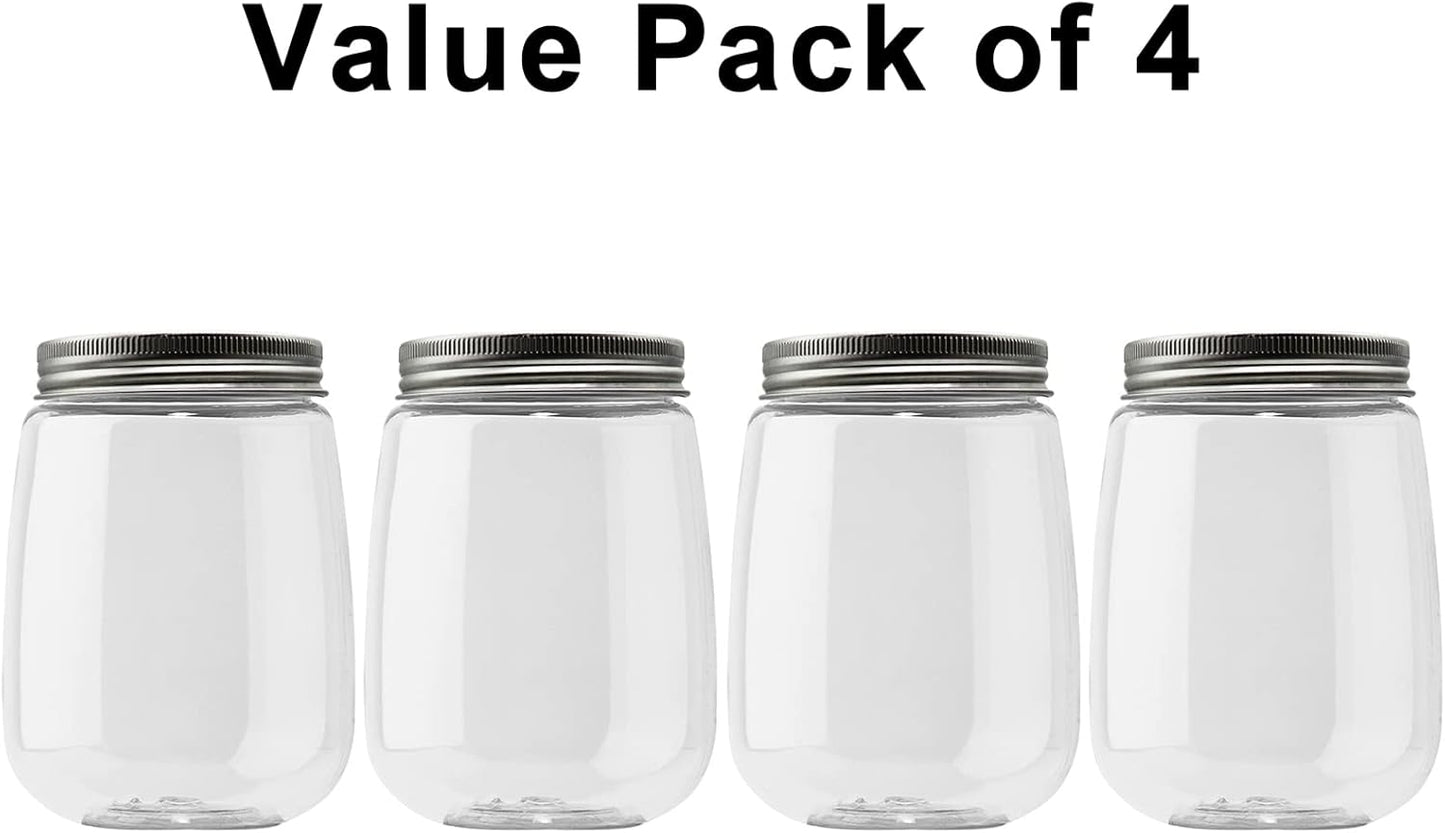 Small Clear Plastic Coin Bank Jars 4-Pack, 16oz with Silver Slotted Lids, Transparent Coin Money Piggy Banks for Adults Teens Kids