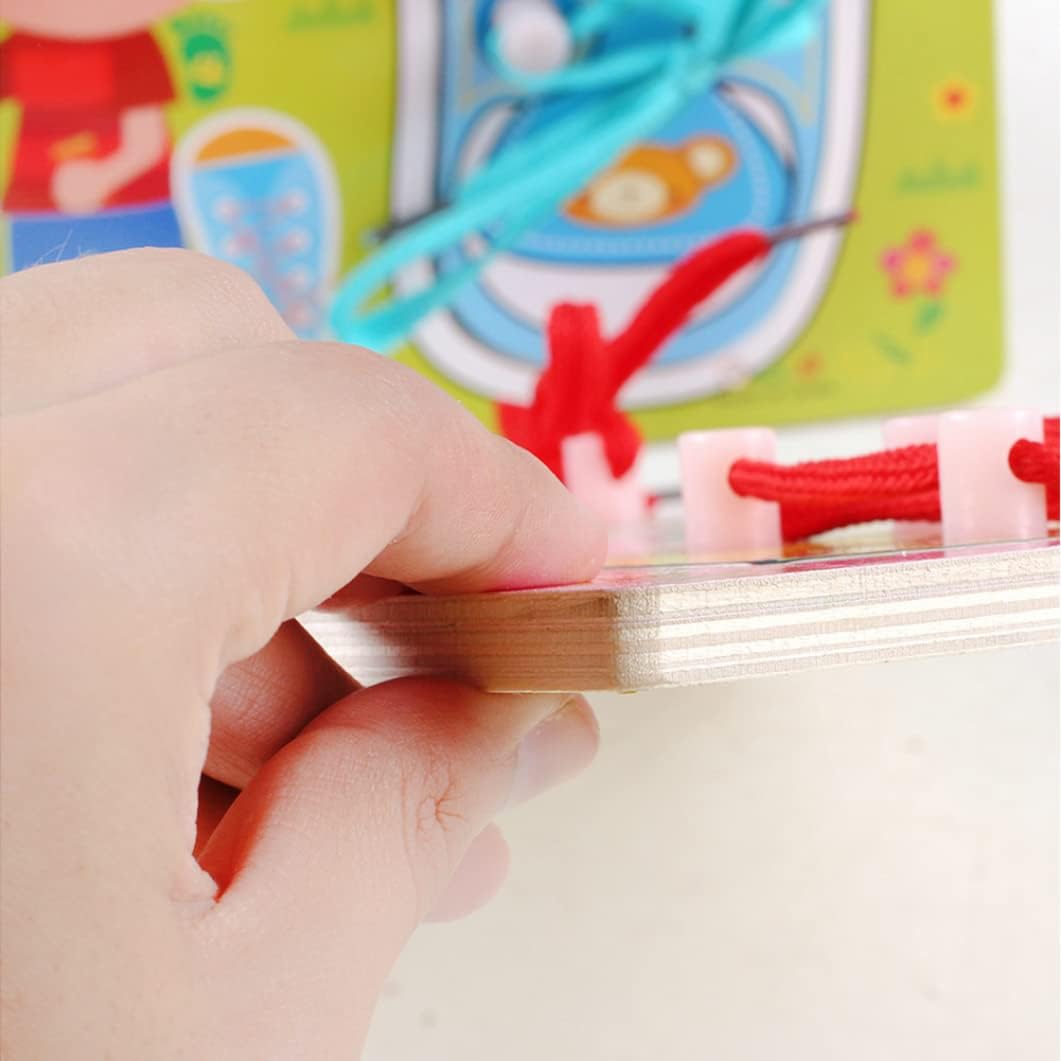 1PC Kids Wood Shoe Lace Lacing Sneaker Board Learn to Tie A Shoe Educational Learning Practice Fine Motor Skills for Kids Ages 3 and Up(Blue) Puzzle Shoes String