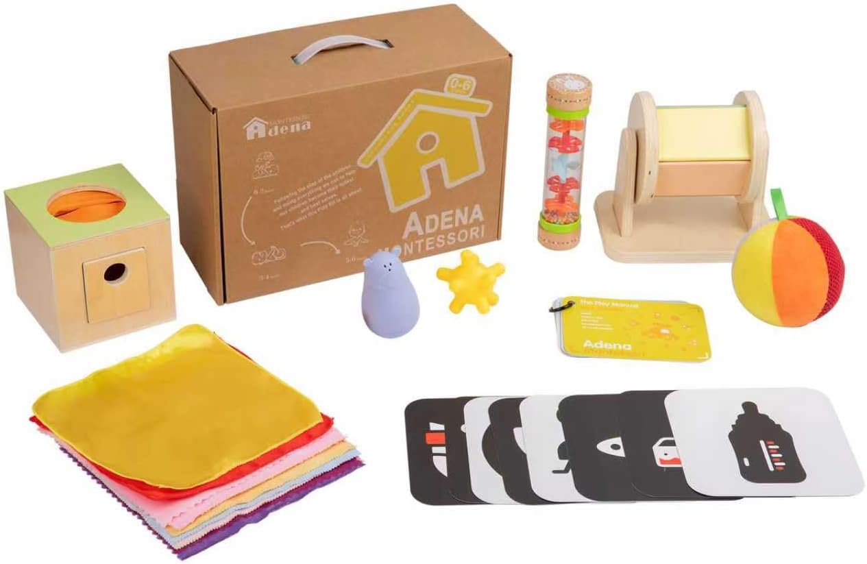 Adena Montessori Play Kit for 13-18 Month Baby,8 in 1 Toy,Colorful Stacking&Nesting Cup,Coin Bank,Coins,Carrots Lid,Carrots,Posting Lid,Flexble Stacker,Bead Kit,Shape Puzzle,Pound&Tap Hammer Bench