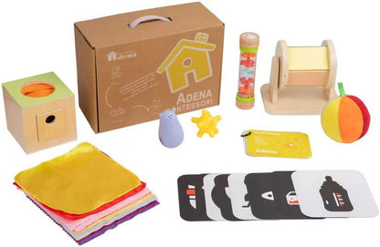 Adena Montessori Play Kit for 13-18 Month Baby,8 in 1 Toy,Colorful Stacking&Nesting Cup,Coin Bank,Coins,Carrots Lid,Carrots,Posting Lid,Flexble Stacker,Bead Kit,Shape Puzzle,Pound&Tap Hammer Bench