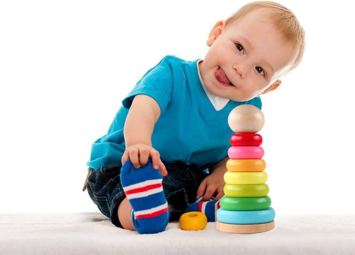 Stacking Rings Toy Wooden Rainbow Stacker Toddler Learning Toys for 18 Months 2 Year Old Baby Boys Girls Non-Toxic