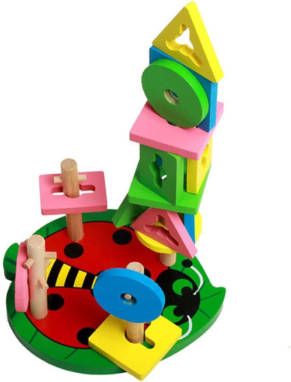 Montessori 4-Pillar Beetle Stacking Blocks, Wooden Shape & Color Recognition Toy