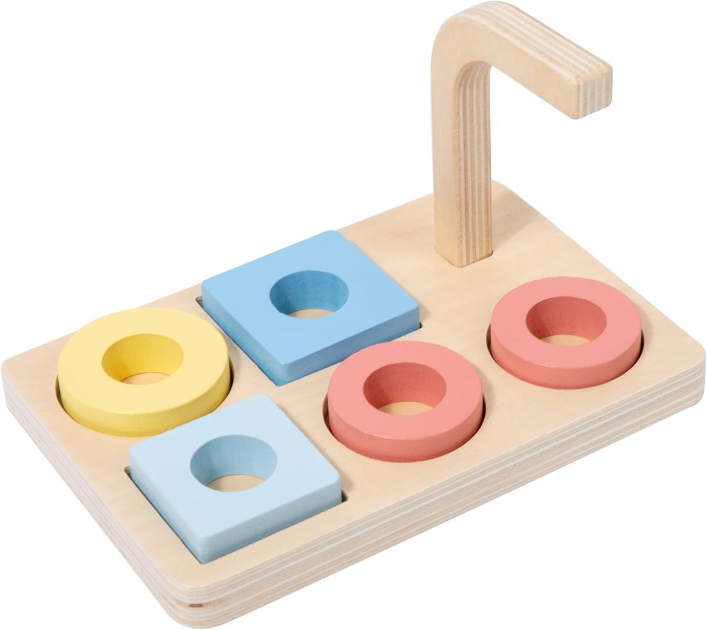 Adena Montessori Wooden Stacking and Sorting Ring,Wooden Rings on Peg,Colorful 5 Shapes on Curved Peg Horizontal Dowel Variation,Fine Motor Skills Development Toys for 1 2 3 Years Old Toddlers