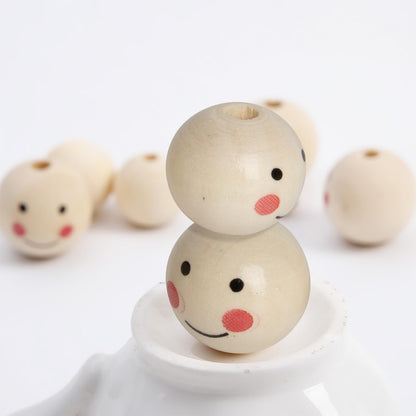 60PCS Wooden Beads with String,Natural Wood Beads Loose Beads with Face,2 Styles Wooden Smiley Beads Set for Chiristmas Tree Wreath DIY Key Chain Angel Craft Jewelry Making(30pcs 20mm 30pcs 18mm)