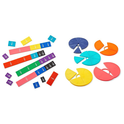 Hand2Mind Plastic Double-Sided Decimal & Fraction Tiles (Set of 51) & Connecting Fraction Circles (Set of 5), Rainbow Circle Math Manipulatives