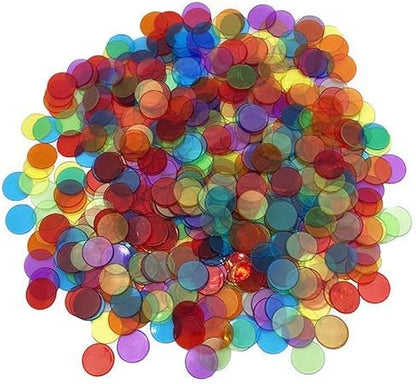 JUNWRROW 500 Pieces 3/4 inch Transparent 6 Color Bingo Counting Chips with Bag