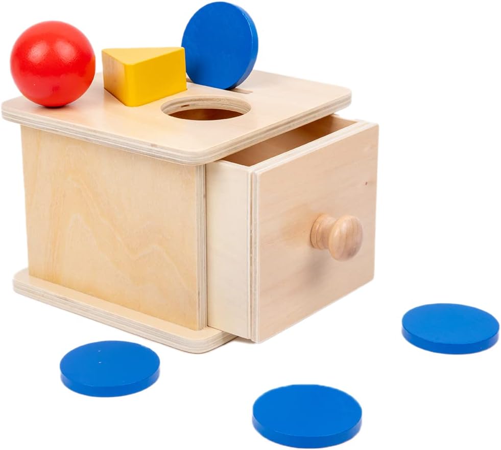 Adena Montessori Coin Box -Natural Wood Double-Sided Object Permanence Box Toy for 1-Year-Old Babies, Wooden Montessori Developmental Toy for 6-12 Month, Early Learning Gift