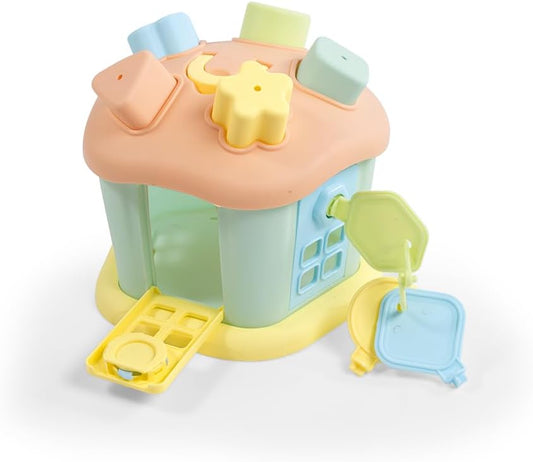 DOLU: Shape Sorter - Happy House - 9pc Sort & Play Toy, Lockable Doors Key Set, 5 Shapes & Matching Cutouts, Soft Pastel Colors, Toddlers & Kids 12mo+