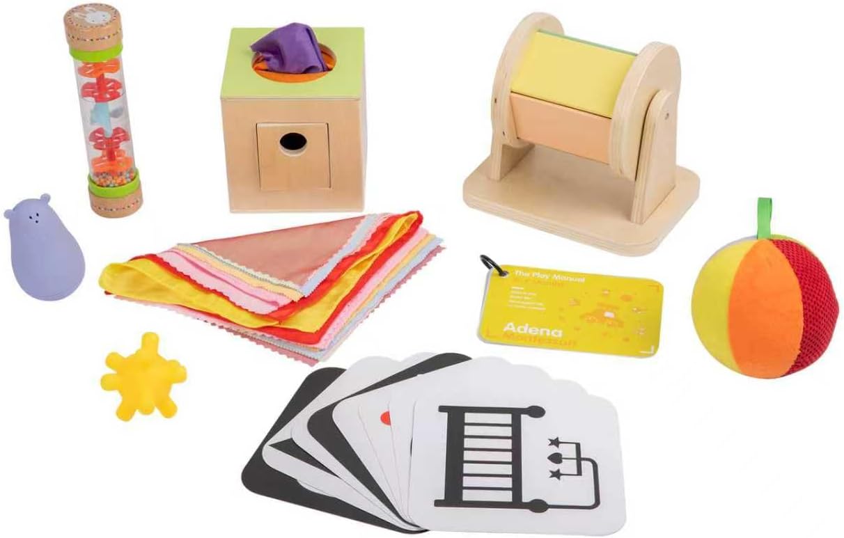 Adena Montessori Play Kit for 13-18 Month Baby,8 in 1 Toy,Colorful Stacking&Nesting Cup,Coin Bank,Coins,Carrots Lid,Carrots,Posting Lid,Flexble Stacker,Bead Kit,Shape Puzzle,Pound&Tap Hammer Bench