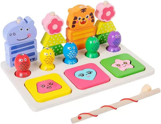 Wooden Montessori Toys for 3 Year Old，Shape Sorter Stacking Games, Fishing Games Preschool Learning Educational Toys for Boys Girls Toddlers (Little Bee)