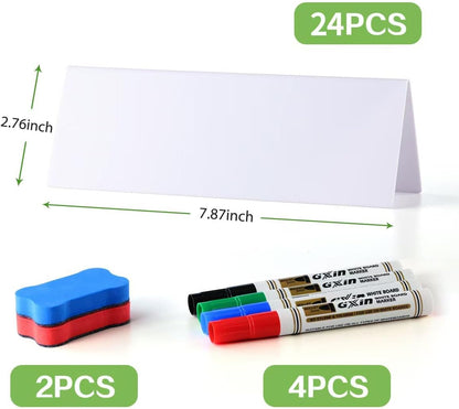 24 Pcs Dry Erase Name Tent Cards for Table, Reusable Name Cards 8.75" x 3" Desk Name Tents Sets with Dry Erase Markers and Erasers, Facilitate Effective Organization of Meetings and Classes